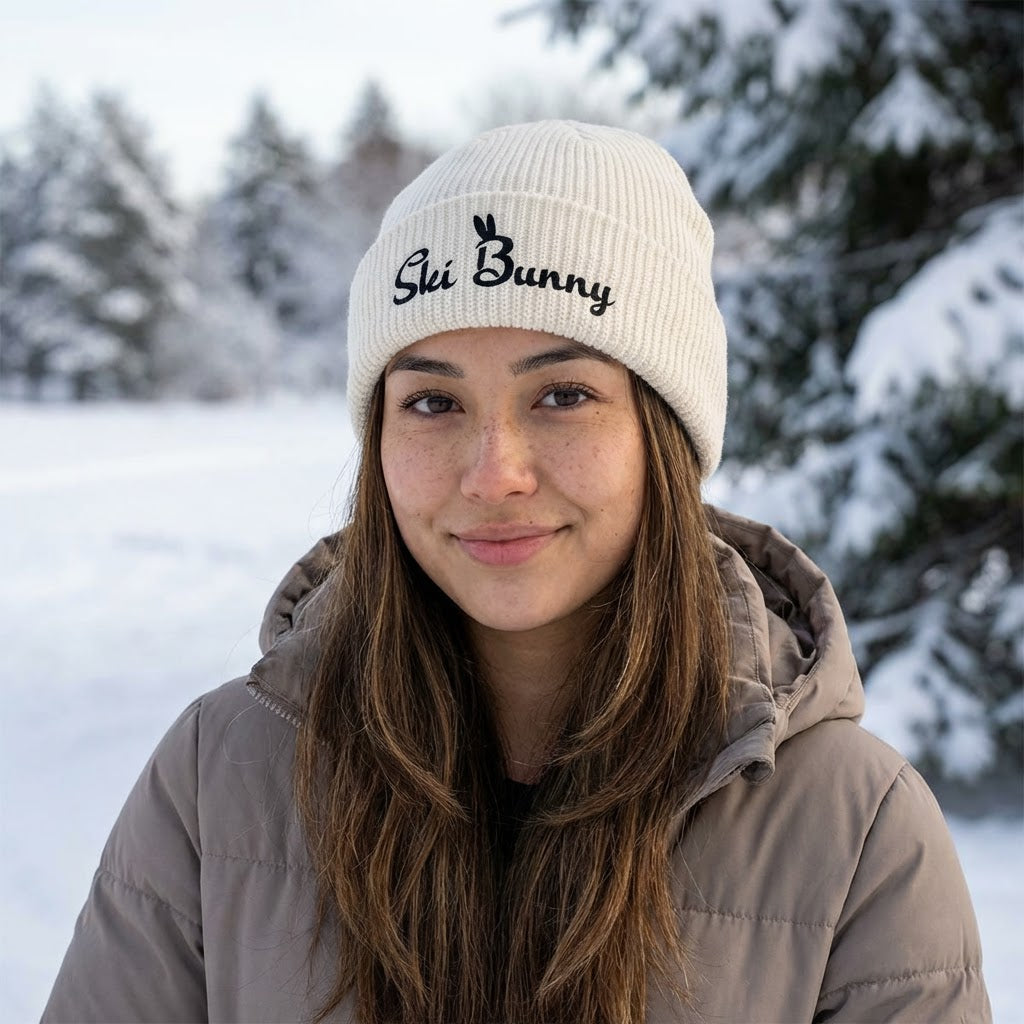 Ski Bunny Embroidered Cuff Beanie (Black Letters)